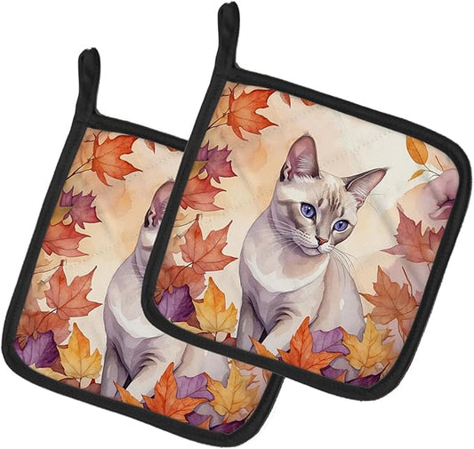Caroline's Treasures Thai Lilac Cat in Fall Leaves Pair of Pot Holders Kitchen Heat Resistant Pot Holders Sets Oven Hot Pads for Cooking Baking BBQ, 7 1/2 x 7 1/2