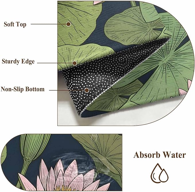 Runner Rug for Bedroom Hallway, Pink Lotus Water Lily Dark Green Leaves Kitchen Runner Rugs Area Rug 2x6ft, Oriental Style Washable Soft Floor Carpet for Entryway Stair