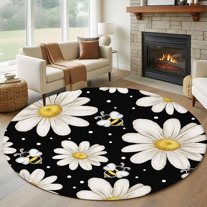 Washable Round Area Rug Watercolor White Floral Daisy Bee Circle Rugs Floor Carpet for Living Room Bedroom, Blossom Flower on Black Soft Non Slip Round Rug 5ft