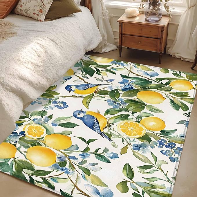 Area Rug 4x6ft, Pastoral Vintage Lemon Blue Bird Washable Rugs for Living Room Bedroom, Retro Yellow Fruit Flowers Soft Non-Slip Area Rugs Rectangle Floor Carpet for Dining Room