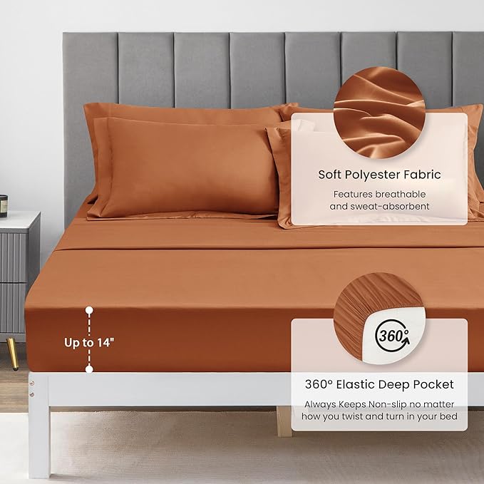 Love's cabin King Size Comforter Set Terracotta, 7 Pieces King Bed in a Bag, All Season Bedding Sets with 1 Comforter, 1 Flat Sheet, 1 Fitted Sheet, 2 Pillowcase and 2 Pillow Sham | Soft, Breathable, Lightweight, Comfortable