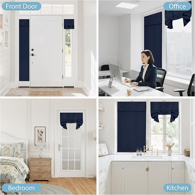 RYB HOME French Door Curtains - Privacy Blackout Window Tie up Shades Energy Saving for Kitchen Dining Kids Nursery Bathroom Tricia Door Covering, W 26 x L 72 inches, Navy, 1 Panel