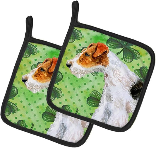 Caroline's Treasures BB9824PTHD Fox Terrier St Patrick's Pair of Pot Holders, Green Kitchen Heat Resistant Pot Holders Sets Oven Hot Pads for Cooking Baking BBQ, 7 1/2 x 7 1/2
