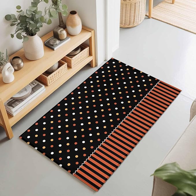 Area Rug 2x3ft, Halloween Polka Dots Orange Stripes Washable Rugs for Living Room Bedroom, Seamless Dot on Black Soft Non-Slip Area Rugs Rectangle Floor Carpet for Dining Room