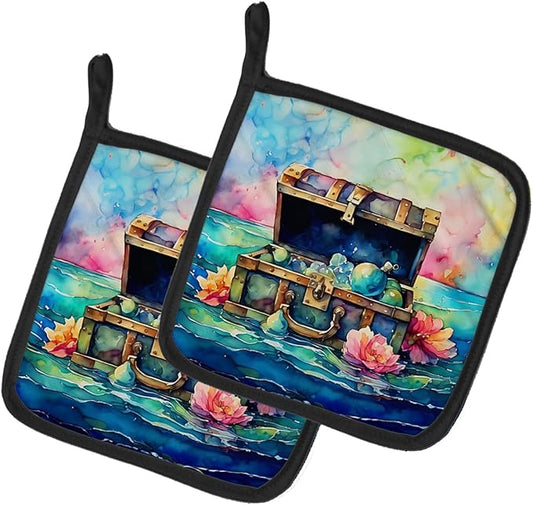 Caroline's Treasures Treasure Chest Pair of Pot Holders Kitchen Heat Resistant Pot Holders Sets Oven Hot Pads for Cooking Baking BBQ, 7 1/2 x 7 1/2