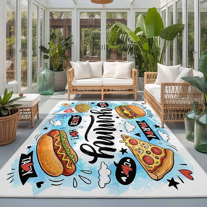 Area Rug 3x5ft, Cartoon Food Abstract Graffiti Washable Rugs for Living Room Bedroom, Blue Sky with Clouds Soft Non-Slip Area Rugs Rectangle Floor Carpet for Dining Room