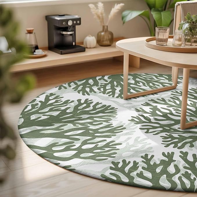 Washable Round Area Rug Deep Forest Green Corals Circle Rugs Floor Carpet for Living Room Bedroom, Retro Marine Life Soft Non Slip Round Rug 3ft