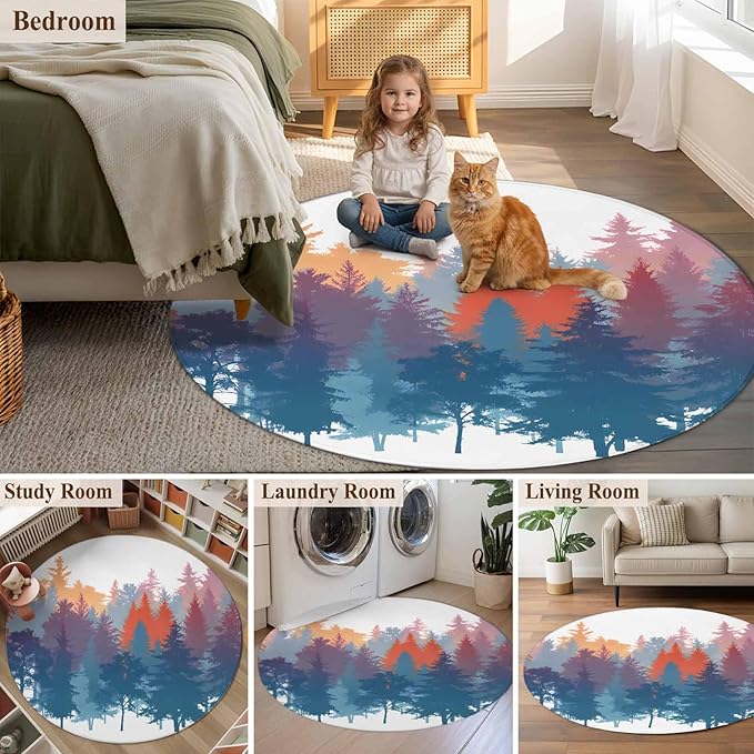 Washable Round Area Rug Abstract Trees Forest Silhouette Circle Rugs Floor Carpet for Living Room Bedroom, Natural Scene Plants Soft Non Slip Round Rug 3ft