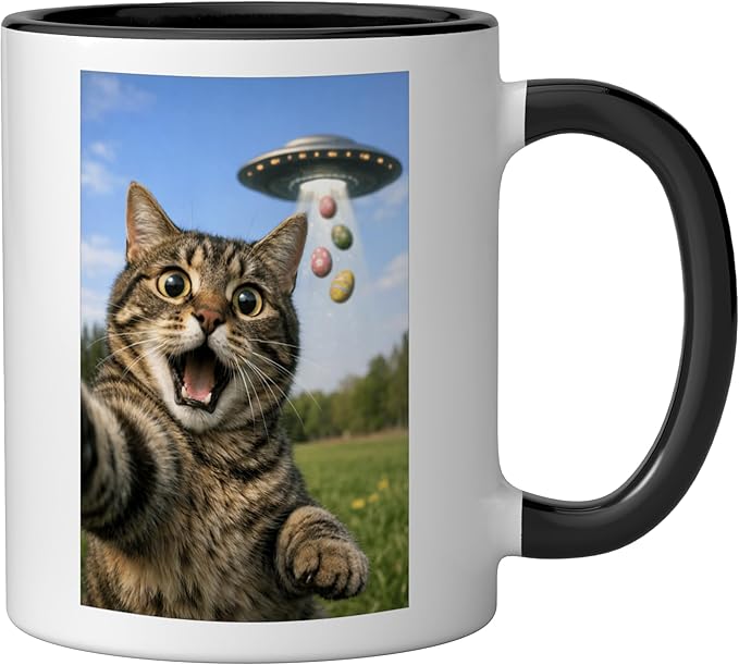 Funny Cat Selfie with Easter Eggs UFO for Men Women Kids Ceramic Mug, Black/White