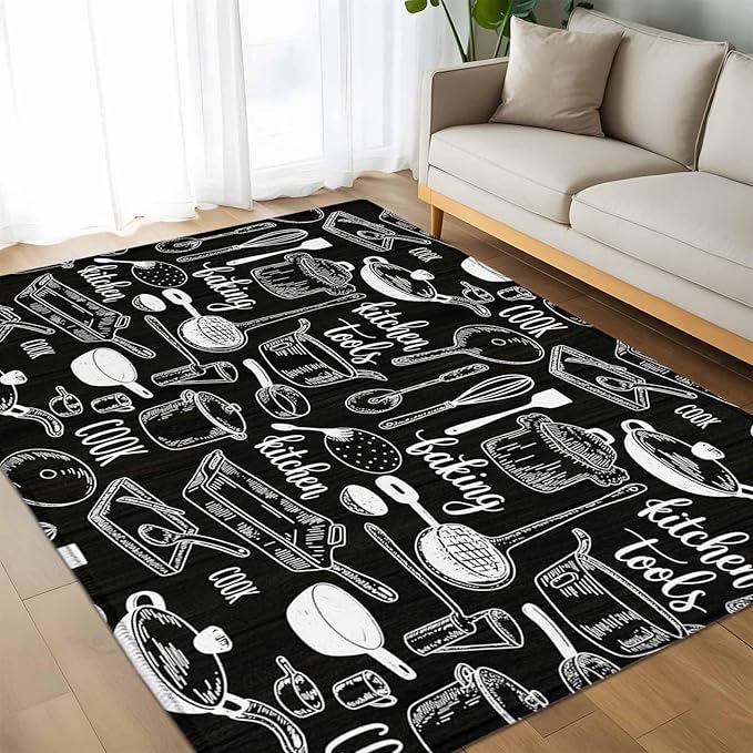 Black Kitchen Tools 5x7 Area Rugs, Modern Cooking Utensil Non-Skid Rubber Backing Large Rectangle Rugs - Living Room Bedroom Home Office, Farmhouse Cookware Indoor Floor Mat Carpets Washable Rug