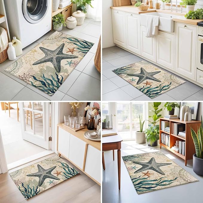 Area Rug 2x3ft, Nautical Starfish Teal Seaweed Starfish Washable Rugs for Living Room Bedroom, Marine Life Soft Non-Slip Area Rugs Rectangle Floor Carpet for Dining Room