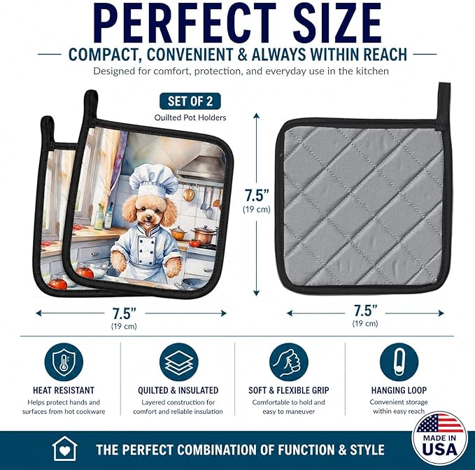 Caroline's Treasures Poodle The Chef Pair of Pot Holders Kitchen Heat Resistant Pot Holders Sets Oven Hot Pads for Cooking Baking BBQ, 7 1/2 x 7 1/2