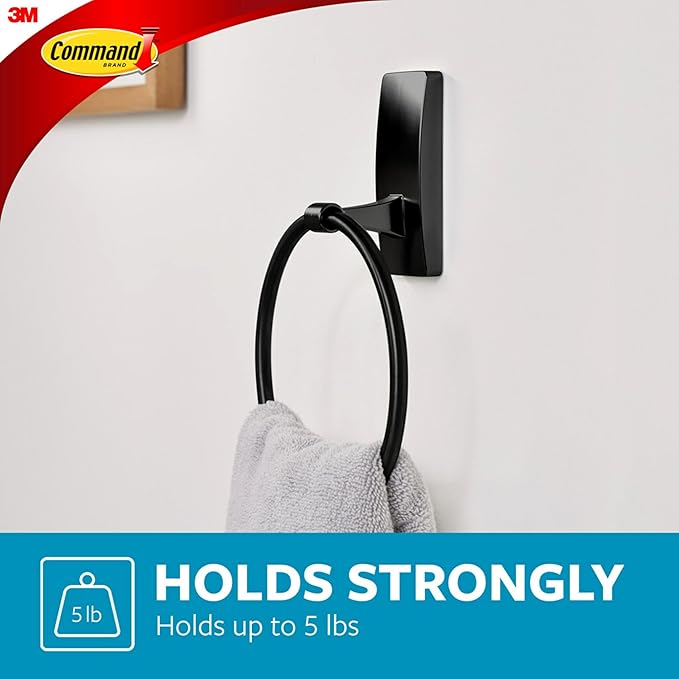 Command Hand Towel Holder Matte Black with Water Resistant Command Strips,Rust Resistant Bathroom Organizer,Holds up to 5 lbs,(Pack of 8)