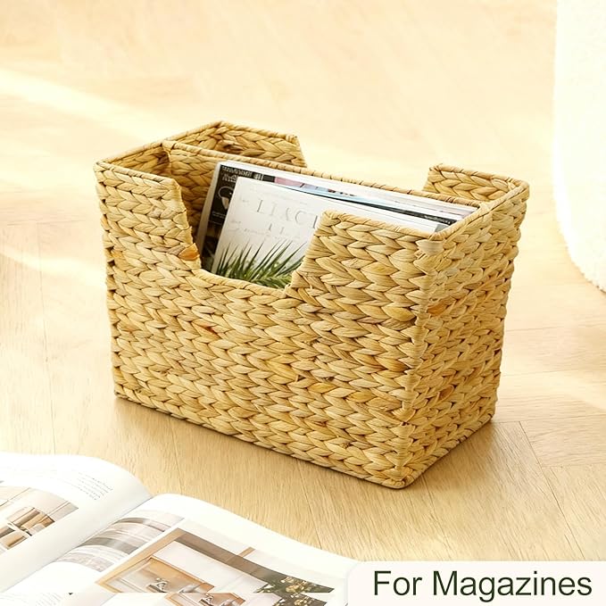 Nexboraque Handwoven Wicker Magazine Basket Decorative Water Hyacinth Storage Bin & Organizer with Handle for Office Living Room Dorm Bathroom