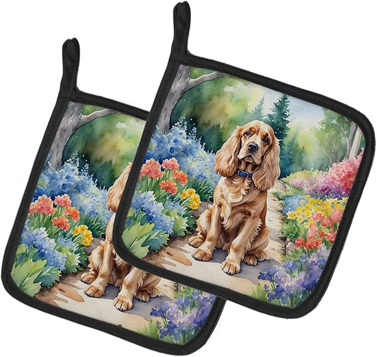 Caroline's Treasures Cocker Spaniel Spring Path Pair of Pot Holders Kitchen Heat Resistant Pot Holders Sets Oven Hot Pads for Cooking Baking BBQ, 7 1/2 x 7 1/2