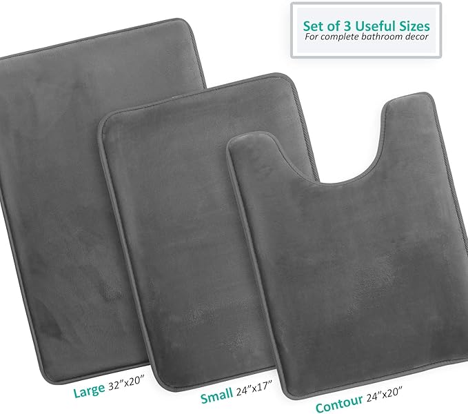 Clara Clark 3 Piece Bathroom Rugs Bath Mat Set, Velvet Memory Foam Bath Mats for Bathroom - Non-Slip, PVC Backing Bath Rugs, Washable - Dries Quickly, Grey
