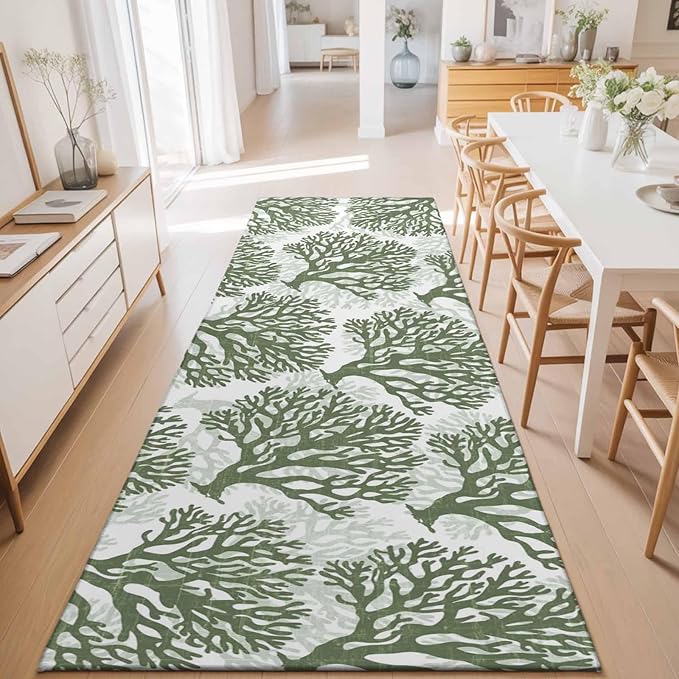 Runner Rug for Bedroom Hallway, Deep Forest Green Corals Kitchen Runner Rugs Area Rug 2x6ft, Retro Marine Life Washable Soft Floor Carpet for Entryway Stair