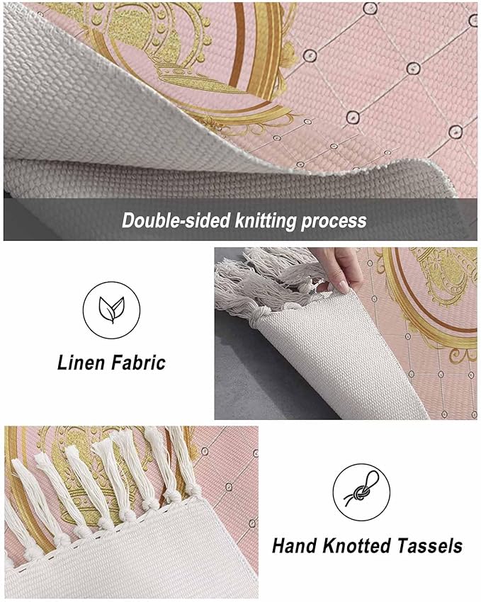 Kitchen Runner Rugs, Golden Crown Queen Pink Lattice 2'x3' Throw Rug with Tassels, White Dot Washable Soft Floor Carpet Runner for Hallway Bedroom Bathroom Laundry Room