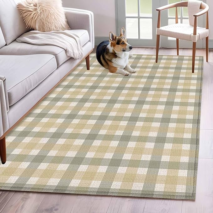 Area Rug 4x6ft, Farmhouse Vintage Beige Tan Buffalo Plaid Washable Rugs for Living Room Bedroom, Rustic Linen Soft Non-Slip Area Rugs Rectangle Floor Carpet for Dining Room