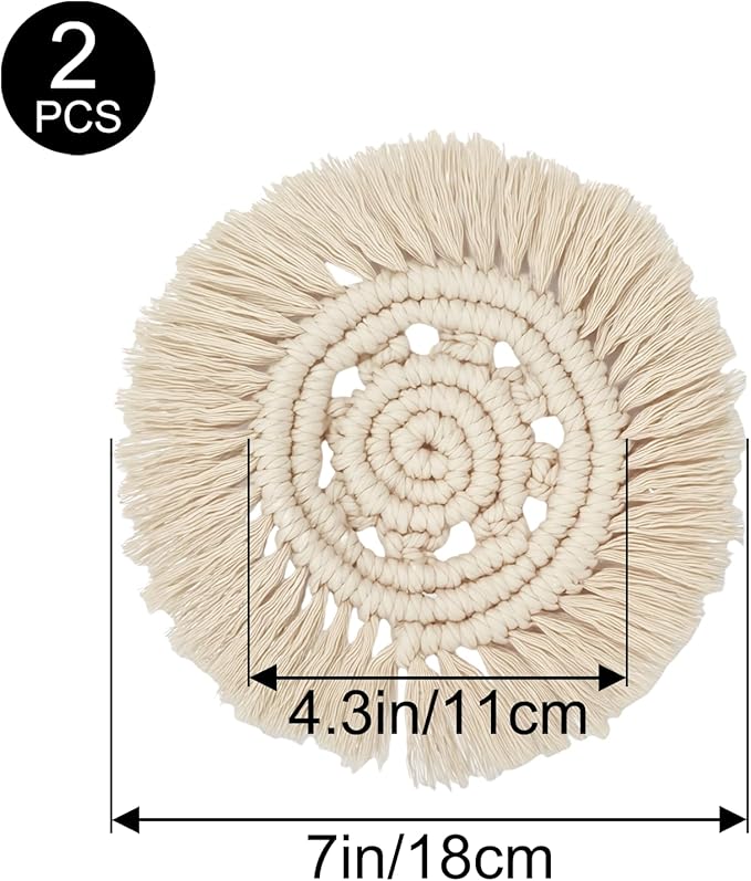 Boho Macrame Coasters Set of 2,Absorbent Coaster for Drinks, Round Handmade Woven Coasters for Boho Home Decor, CupCoasters for Office Desk, Kitchen, Dining Room, Bar (Hole-Beige(2pcs)/7.4in)