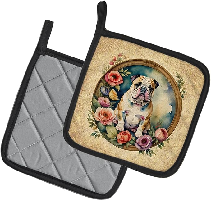 Caroline's Treasures English Bulldog and Flowers Pair of Pot Holders Kitchen Heat Resistant Pot Holders Sets Oven Hot Pads for Cooking Baking BBQ, 7 1/2 x 7 1/2