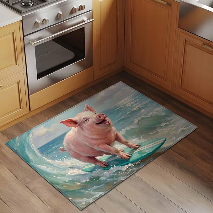 Area Rug 2x3ft, Surfing Farm Pink Pig Washable Rugs for Living Room Bedroom, Summer Blue Sea Wave Beach Soft Non-Slip Area Rugs Rectangle Floor Carpet for Dining Room