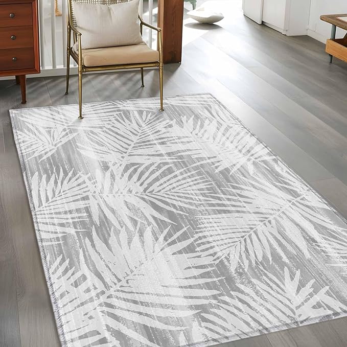 Area Rug 4x6ft, Modern Gray Palm Leaves Washable Rugs for Living Room Bedroom, Boho Tropical Leaves Soft Non-Slip Area Rugs Rectangle Floor Carpet for Dining Room