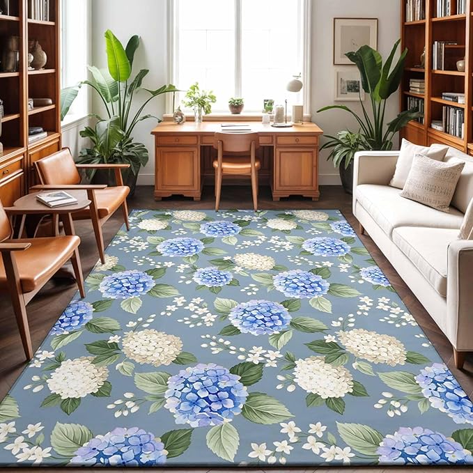 Area Rug 9x12ft, Watercolor Purple White Hydrangea Washable Rugs for Living Room Bedroom Rectangle Floor Carpet, Spring Flower on Gray Blue Soft Non-Slip Area Rugs for Dining Room