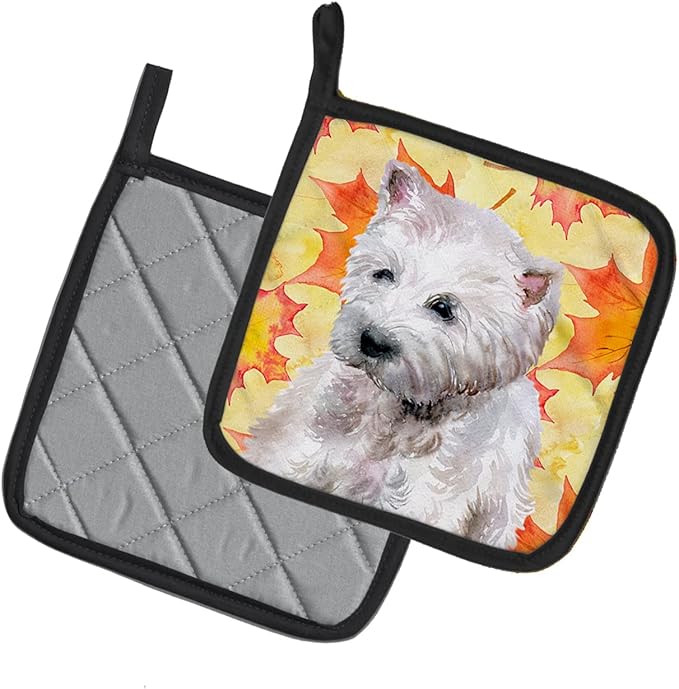 Caroline's Treasures BB9962PTHD Westie Fall Pair of Pot Holders, Yellow Kitchen Heat Resistant Pot Holders Sets Oven Hot Pads for Cooking Baking BBQ, 7 1/2 x 7 1/2