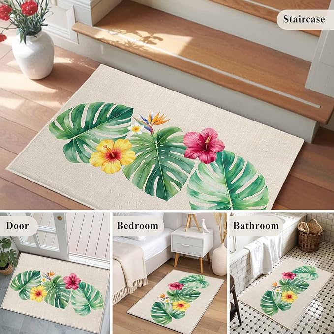 Area Rug 2x3ft, Country Monstera Hibiscus Foliage Washable Rugs for Living Room Bedroom, Tropical Plant Vintage Linen Soft Non-Slip Area Rugs Rectangle Floor Carpet for Dining Room