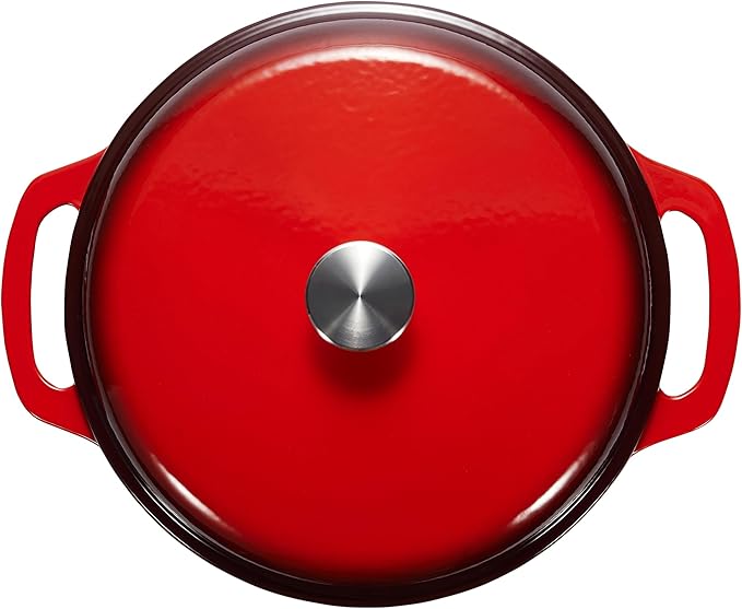 Amazon Basics Enameled Cast Iron Dutch Oven Pot with Lid, Round, Dual Handles, Heavy-Duty, Oven Safe for Stews, Roasting, Baking, 6-Quart, Red