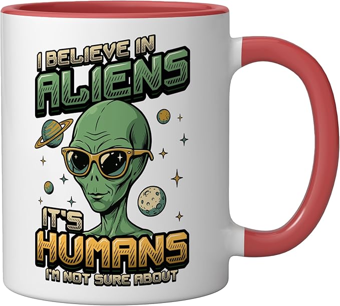Alien Believer UFO Extraterrestrial Space Lover Ceramic Mug, Red/White