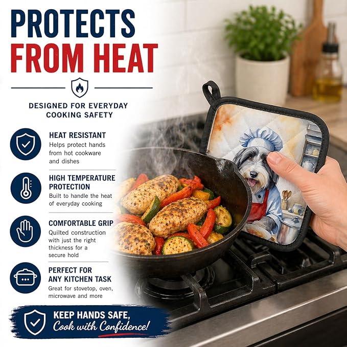 Caroline's Treasures Bearded Collie The Chef Pair of Pot Holders Kitchen Heat Resistant Pot Holders Sets Oven Hot Pads for Cooking Baking BBQ, 7 1/2 x 7 1/2
