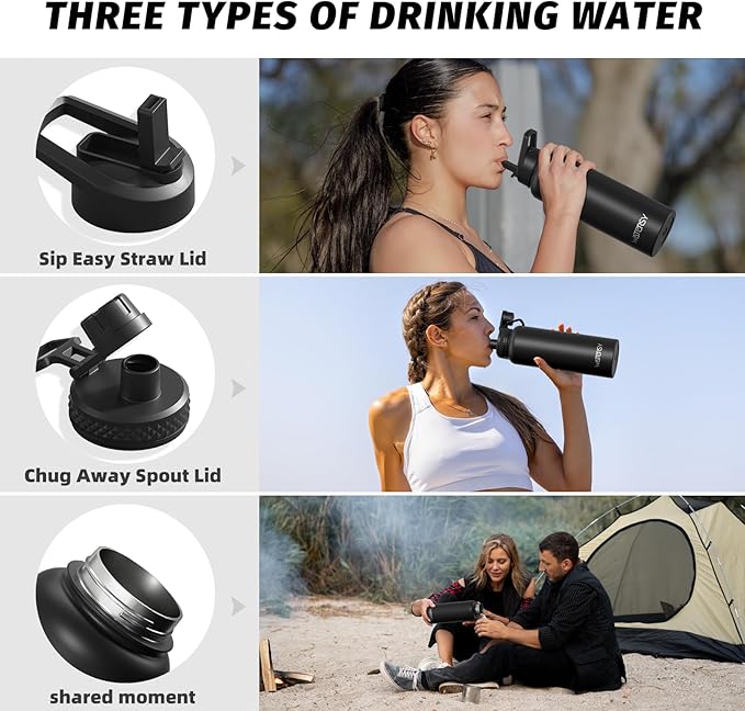 40oz Insulated Water Bottle (Cold for 48 Hrs),BPA Free&Leak Proof,Stainless Steel Water Flask,Water Jug with Straw Spout Lids for Gym,Hiking,Travel,Black