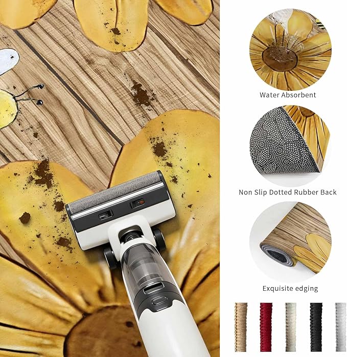 Washable Round Area Rug Summer Yellow Bee Blossom Flower Circle Rugs Floor Carpet for Living Room Bedroom, Retro Rustic Brown Wood Board Soft Non Slip Round Rug 3ft