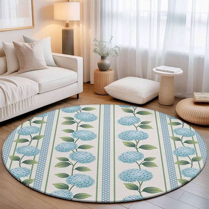 Washable Round Area Rug Spring Blue Flower Hydrangea Leaf Circle Rugs Floor Carpet for Living Room Bedroom, Floral Stripes on Linen Soft Non Slip Round Rug 3ft