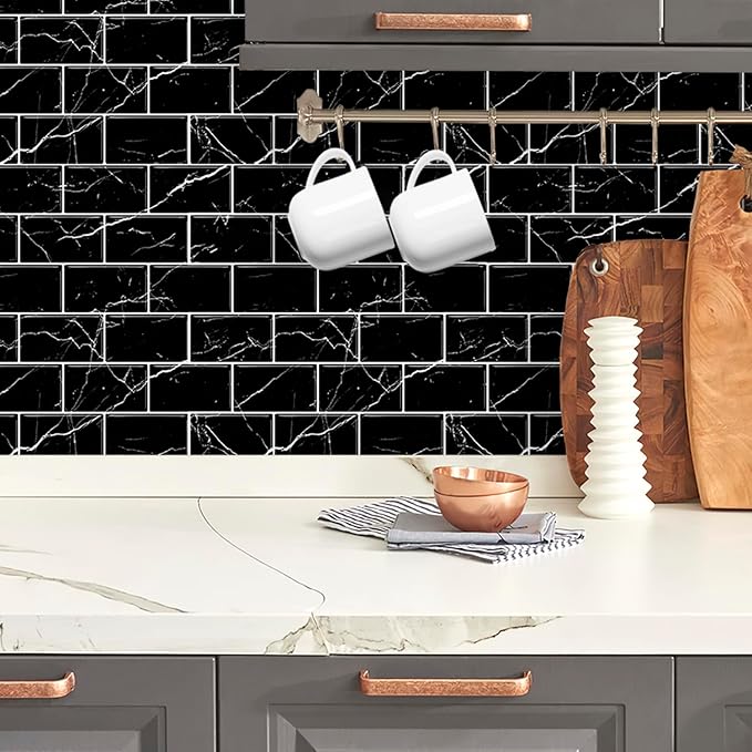 DÉCOR WOW Peel & Stick Backsplash for Kitchen & Bathroom Black Marble Subway, 1 sq ft (8-Pack)