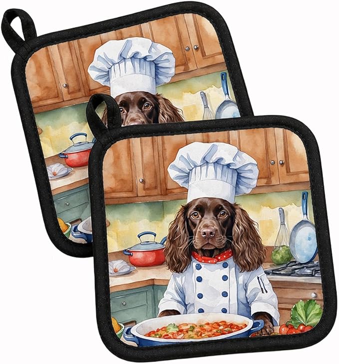 Caroline's Treasures Boykin Spaniel The Chef Pair of Pot Holders Kitchen Heat Resistant Pot Holders Sets Oven Hot Pads for Cooking Baking BBQ, 7 1/2 x 7 1/2