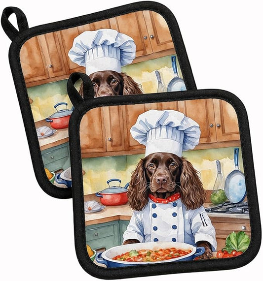 Caroline's Treasures Boykin Spaniel The Chef Pair of Pot Holders Kitchen Heat Resistant Pot Holders Sets Oven Hot Pads for Cooking Baking BBQ, 7 1/2 x 7 1/2