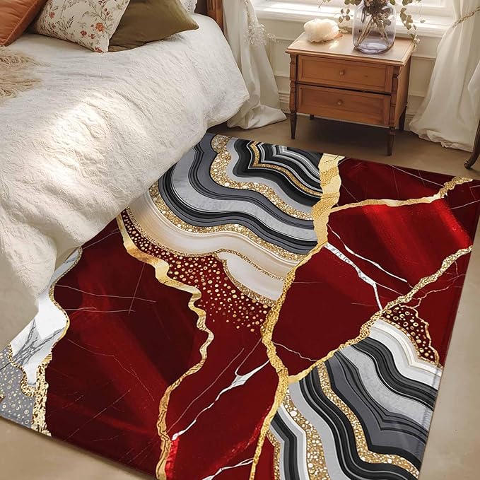 Area Rug 4x6ft, Abstract Flowing Marble Fluid Art Washable Rugs for Living Room Bedroom, Red and Gold Lines Soft Non-Slip Area Rugs Rectangle Floor Carpet for Dining Room