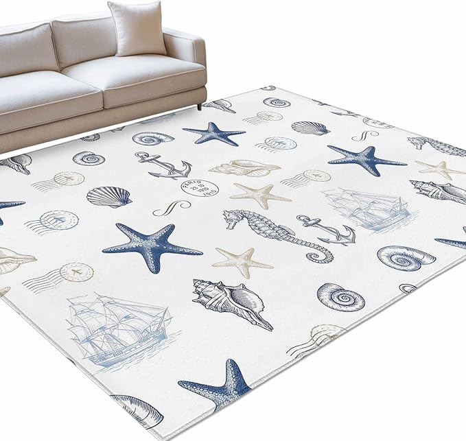 Area Rug 4x6ft, Ocean Starfish Seahorse Shell Conch Washable Rugs for Living Room Bedroom, Nautical Compass Anchor Soft Non-Slip Area Rugs Rectangle Floor Carpet for Dining Room