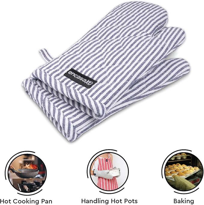 Encasa XO Long 12"x7" Oven Microwave Hand Gloves Mitts (2 pc Set) for Kitchen Cooking & Baking - Heat Resistant, Thick & Safe, Protection of Hands from Hot Utensils - Ticking Navy Blue