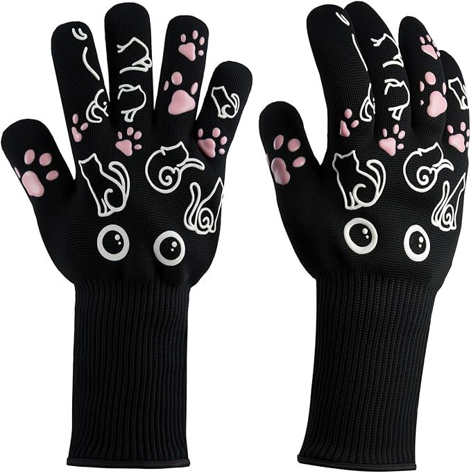 BBQ Gloves - 1472℉ Heat Resistant Grilling Cooking Oven Gloves with Fingers, 1 Pair Cat