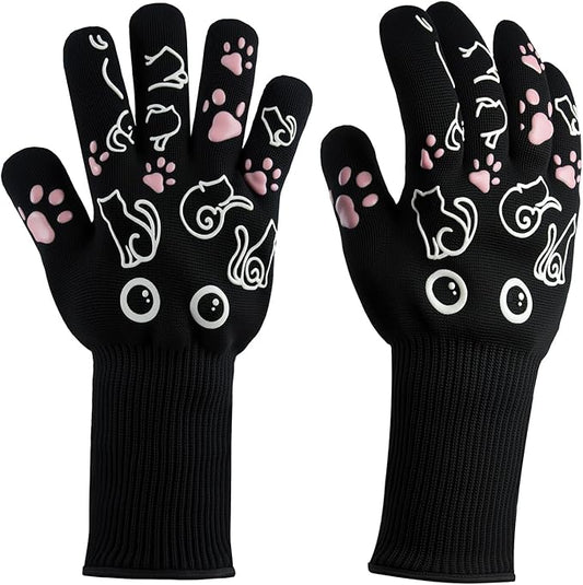 BBQ Gloves - 1472℉ Heat Resistant Grilling Cooking Oven Gloves with Fingers, 1 Pair Cat