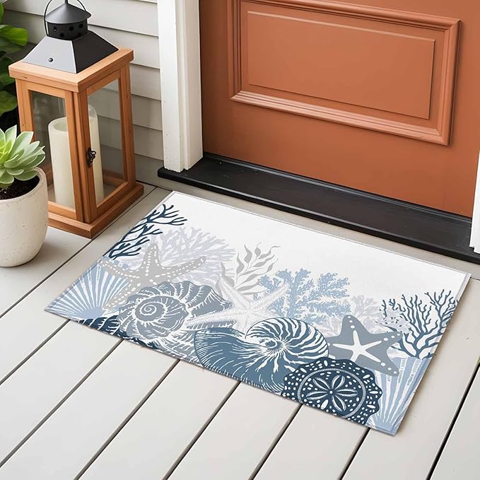 Area Rug 2x3ft, Underwater Blue Shells Starfish Coral Washable Rugs for Living Room Bedroom, Summer Botantical Soft Non-Slip Area Rugs Rectangle Floor Carpet for Dining Room