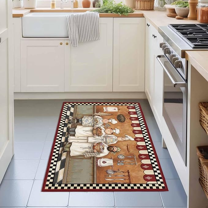 Area Rug 2x3ft, Farmhouse Cartoon Chef Washable Rugs for Living Room Bedroom, Cooking Theme Black White Checkered Soft Non-Slip Area Rugs Rectangle Floor Carpet for Dining Room