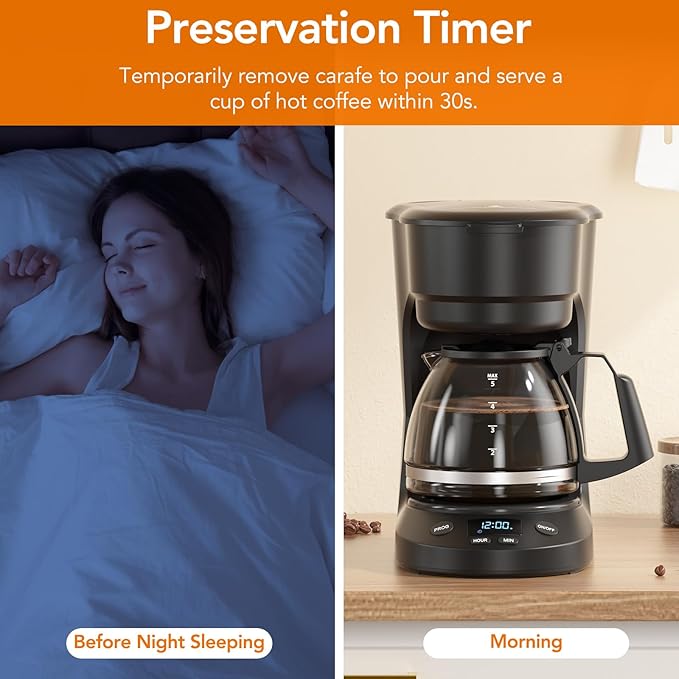 Electactic 5-Cup Drip Coffee Maker, a compact coffee machine with a digital clock and 24-hour programmable timer, featuring Auto Shut-Off, and a Removable Filter Basket for Home & Office-Deep Black