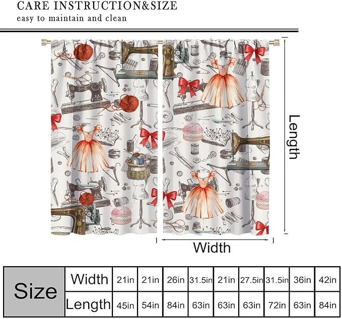 Sewing Machine Blackout Curtain,Vintage Retro Dress Bowknot Pattern Girls Women Window Curtains Dining Room Living Room Kitchen Cafe Bedroom Office Drapes,84x84 in