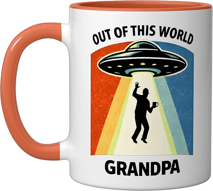 Out of This World Alien Grandpa UFO Abduction Grandfather Ceramic Mug, Orange/White
