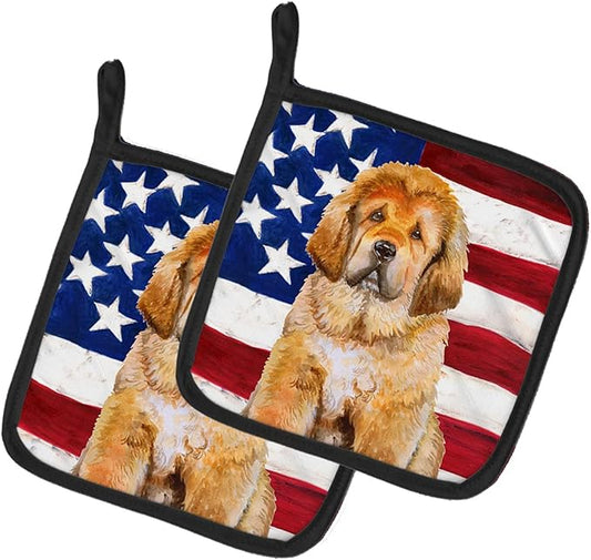 Caroline's Treasures BB9721PTHD Tibetan Mastiff Patriotic Pair of Pot Holders Kitchen Heat Resistant Pot Holders Sets Oven Hot Pads for Cooking Baking BBQ, 7 1/2 x 7 1/2